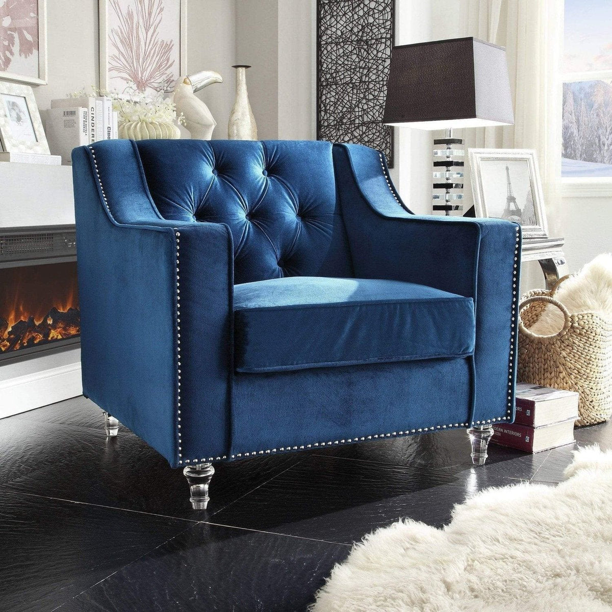 Iconic Home Dylan Button Tufted Velvet Club Chair Navy