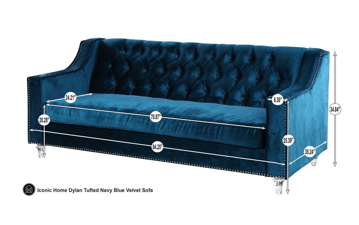 Iconic Home Dylan Velvet Sofa With Acrylic Legs 