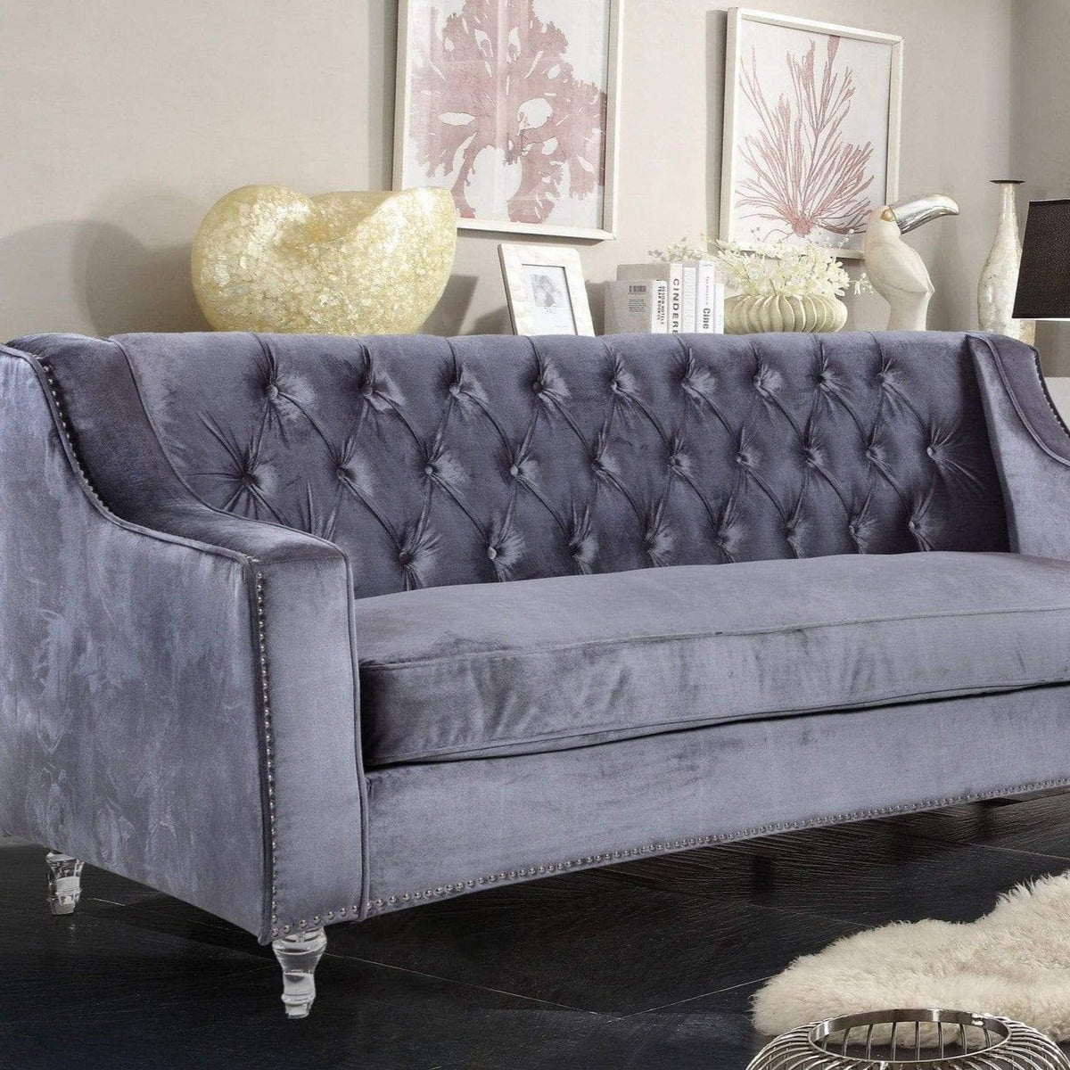 Iconic Home Dylan Velvet Sofa With Acrylic Legs Grey