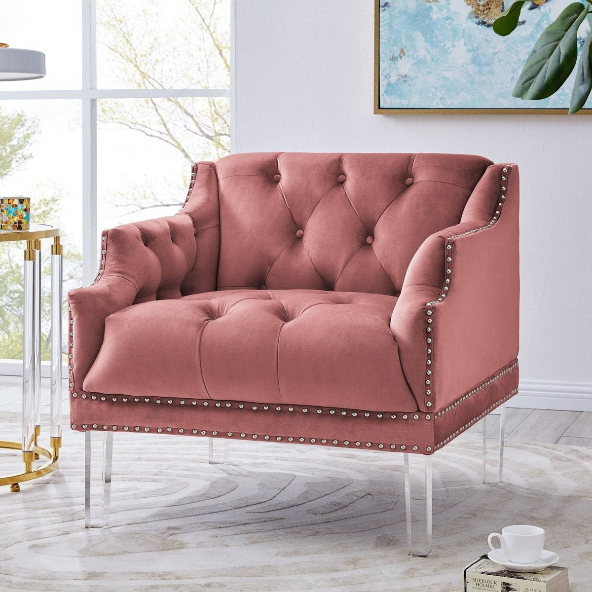 Iconic Home Elsa Button Tufted Velvet Club Chair Blush