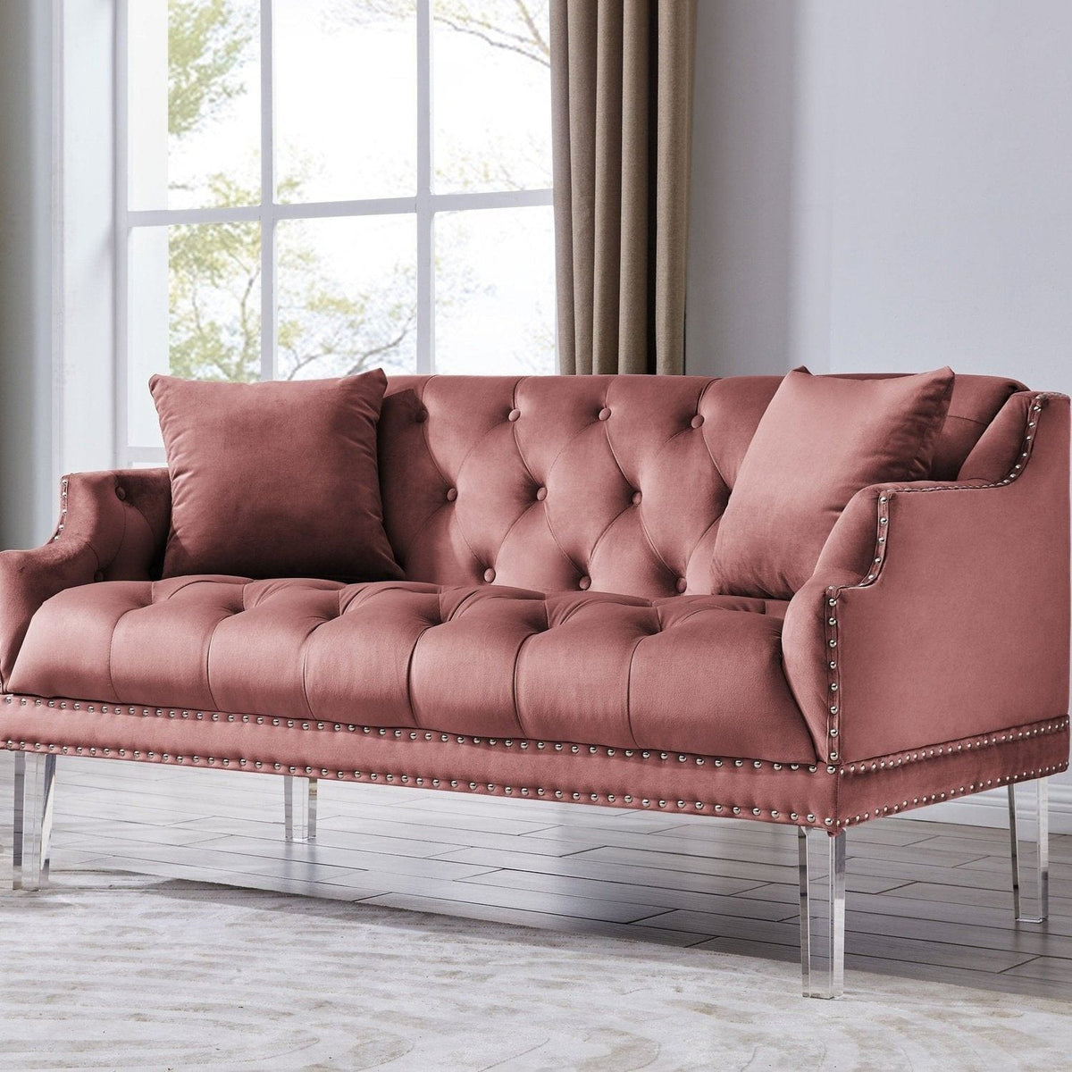 Iconic Home Elsa Tufted Velvet Loveseat Sofa Blush