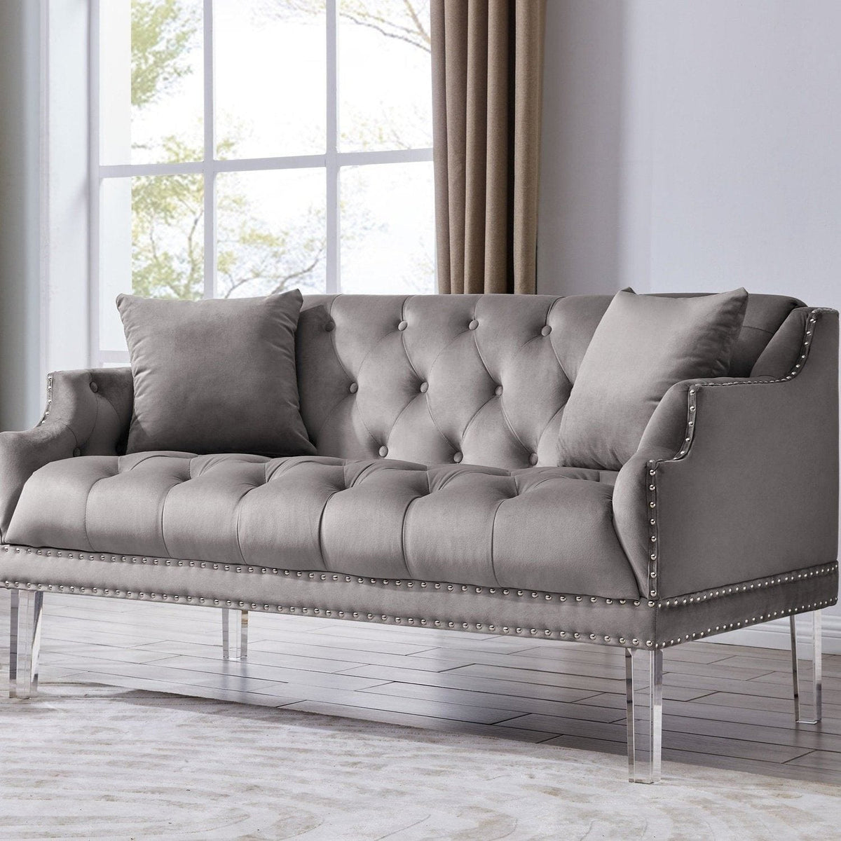 Iconic Home Elsa Tufted Velvet Loveseat Sofa Grey