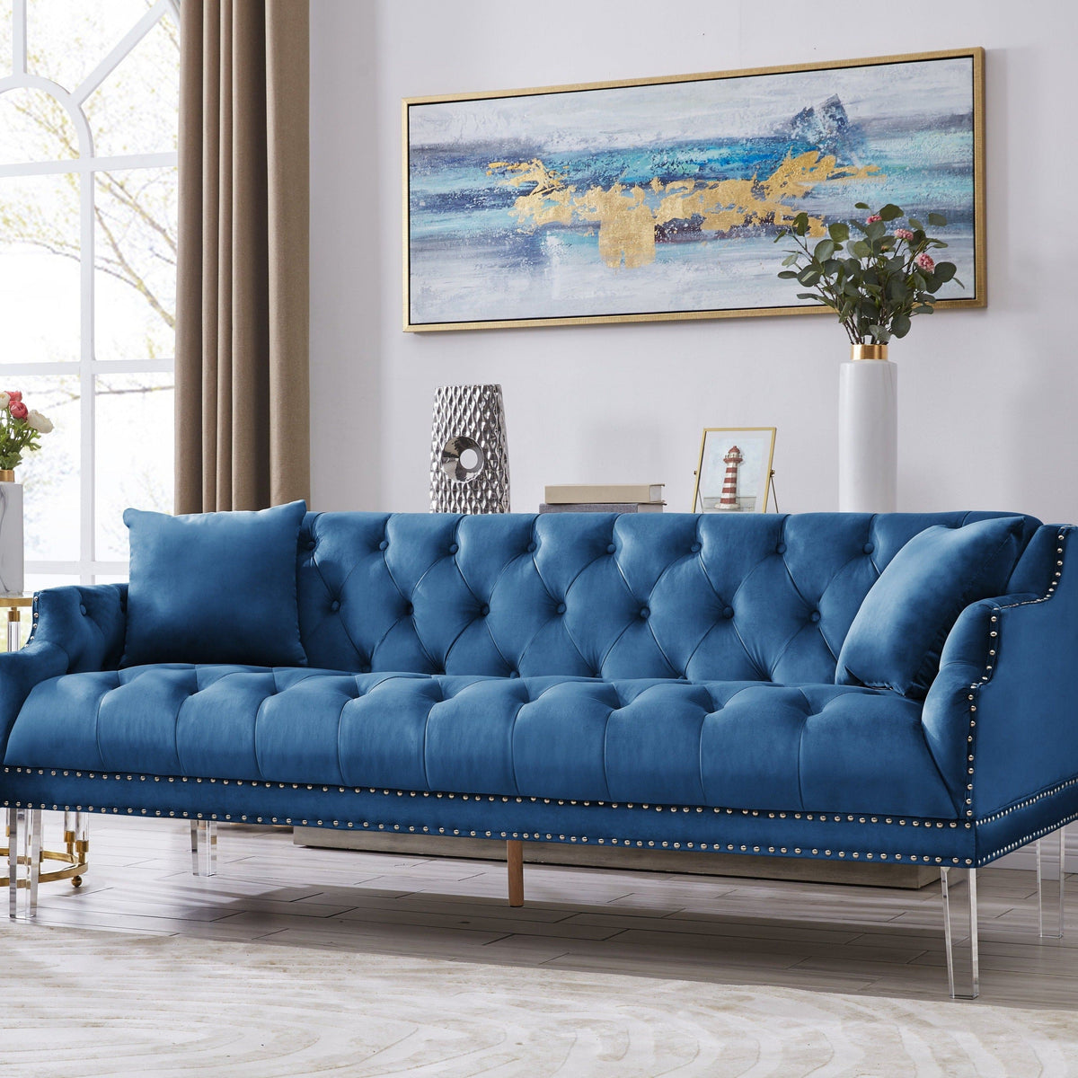 Iconic Home Elsa Tufted Velvet Sofa Blue