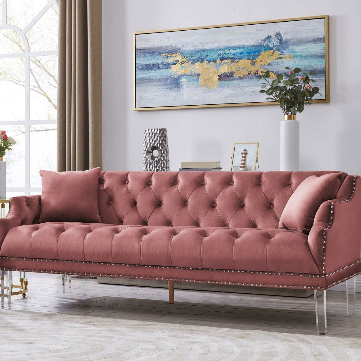Iconic Home Elsa Tufted Velvet Sofa Blush