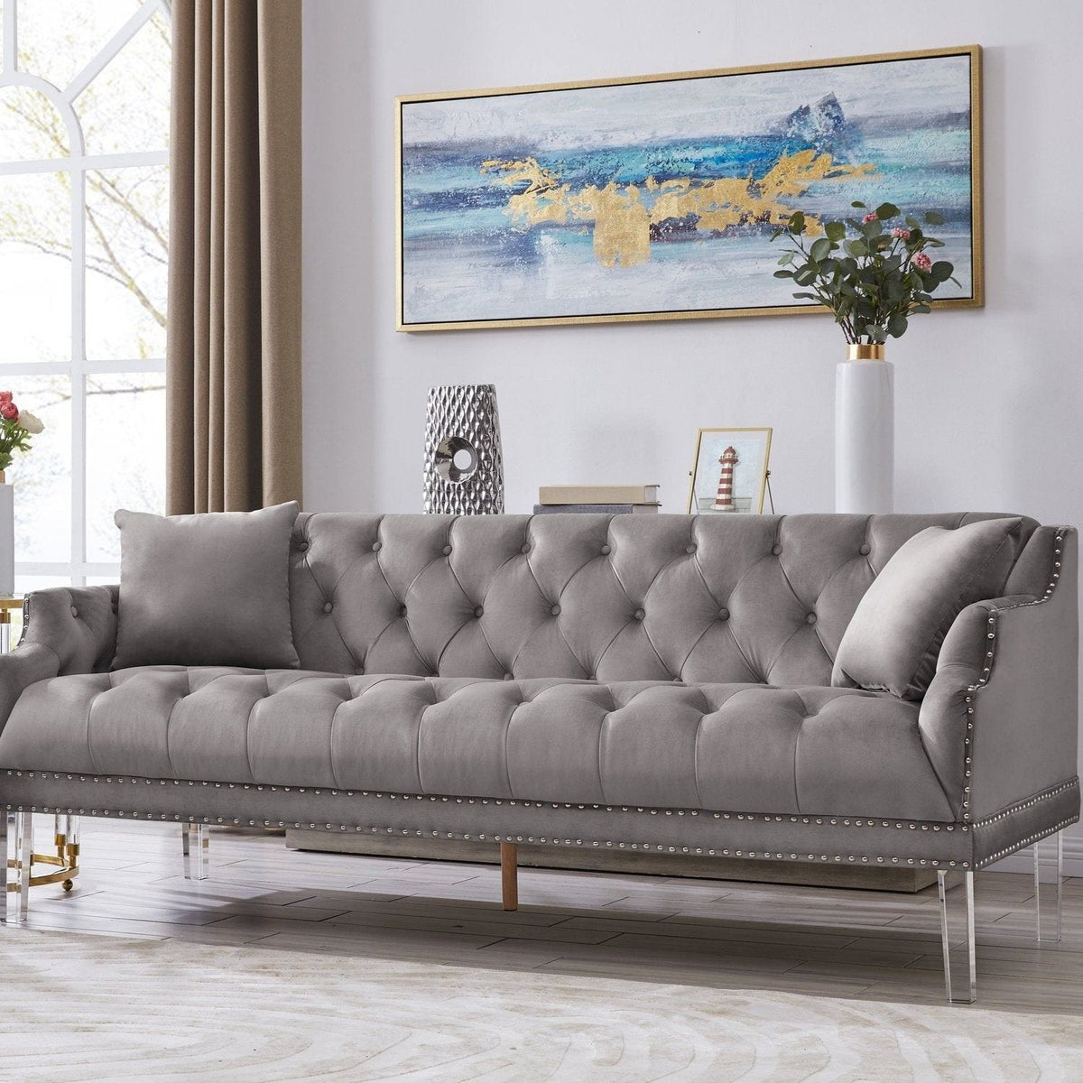 Iconic Home Elsa Tufted Velvet Sofa Grey