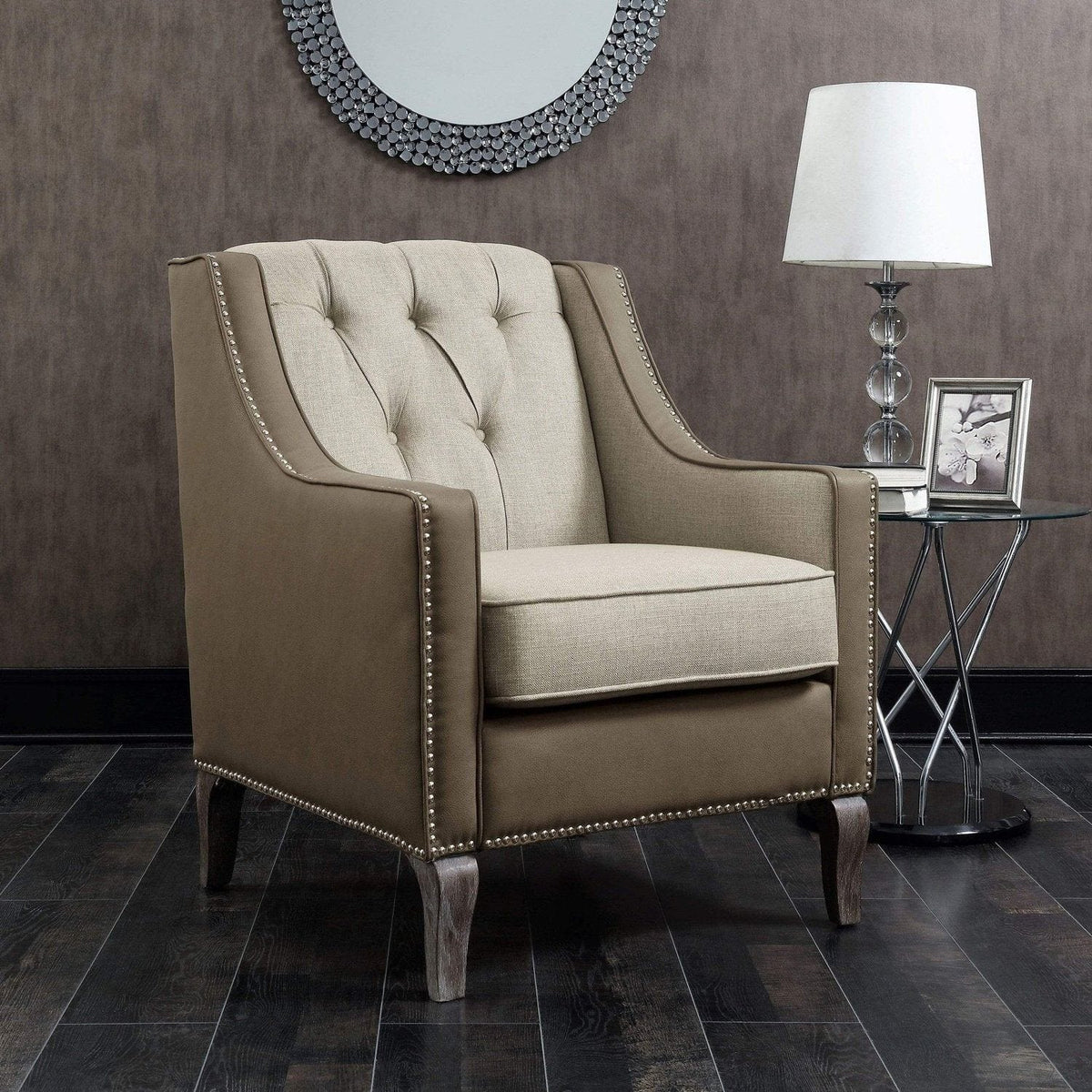Iconic Home Ethan Tufted Faux Leather Linen Accent Club Chair Beige
