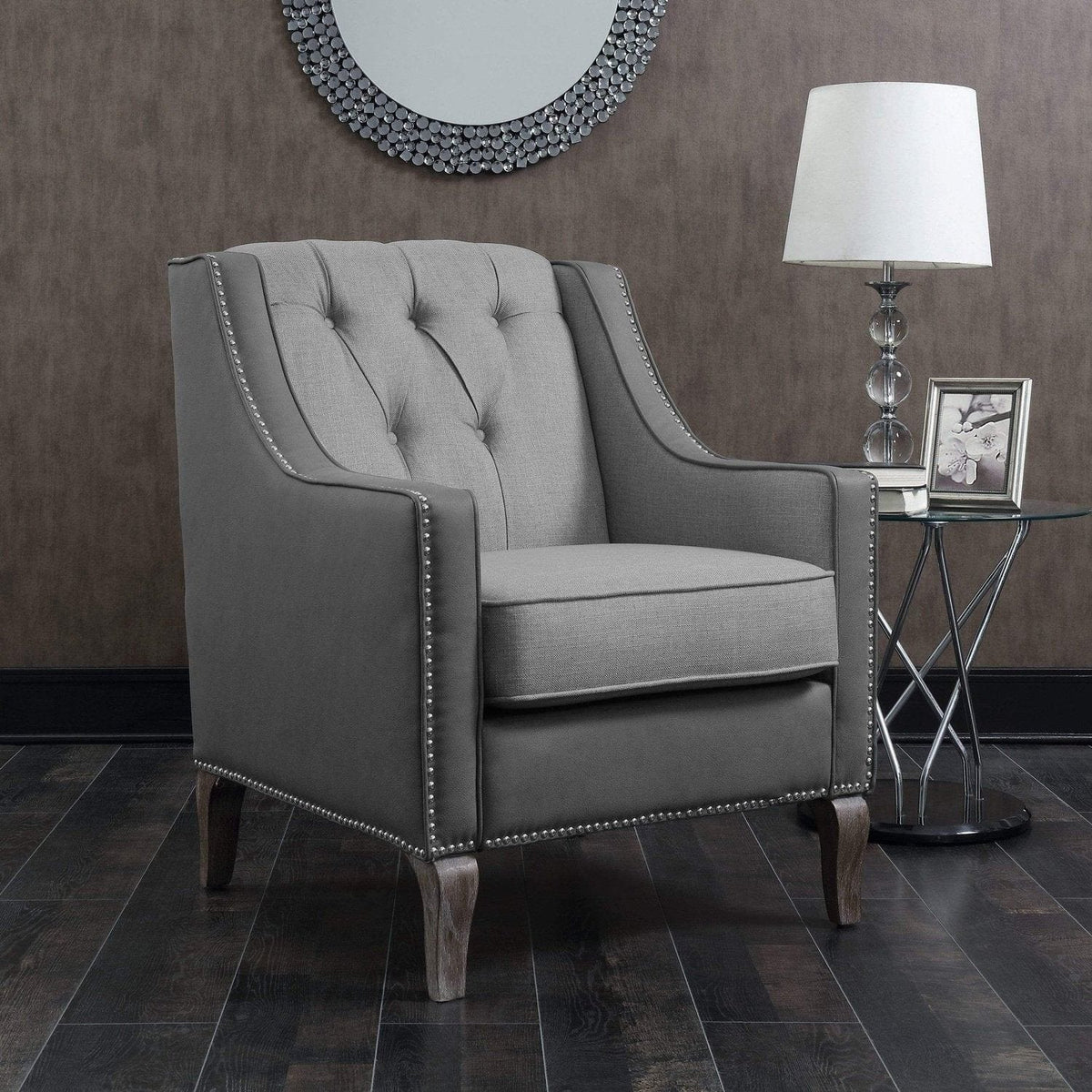 Iconic Home Ethan Tufted Faux Leather Linen Accent Club Chair Grey