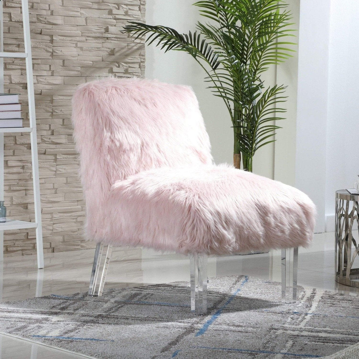 Iconic Home Fabio Faux Fur Accent Side Chair Acrylic Legs Pink