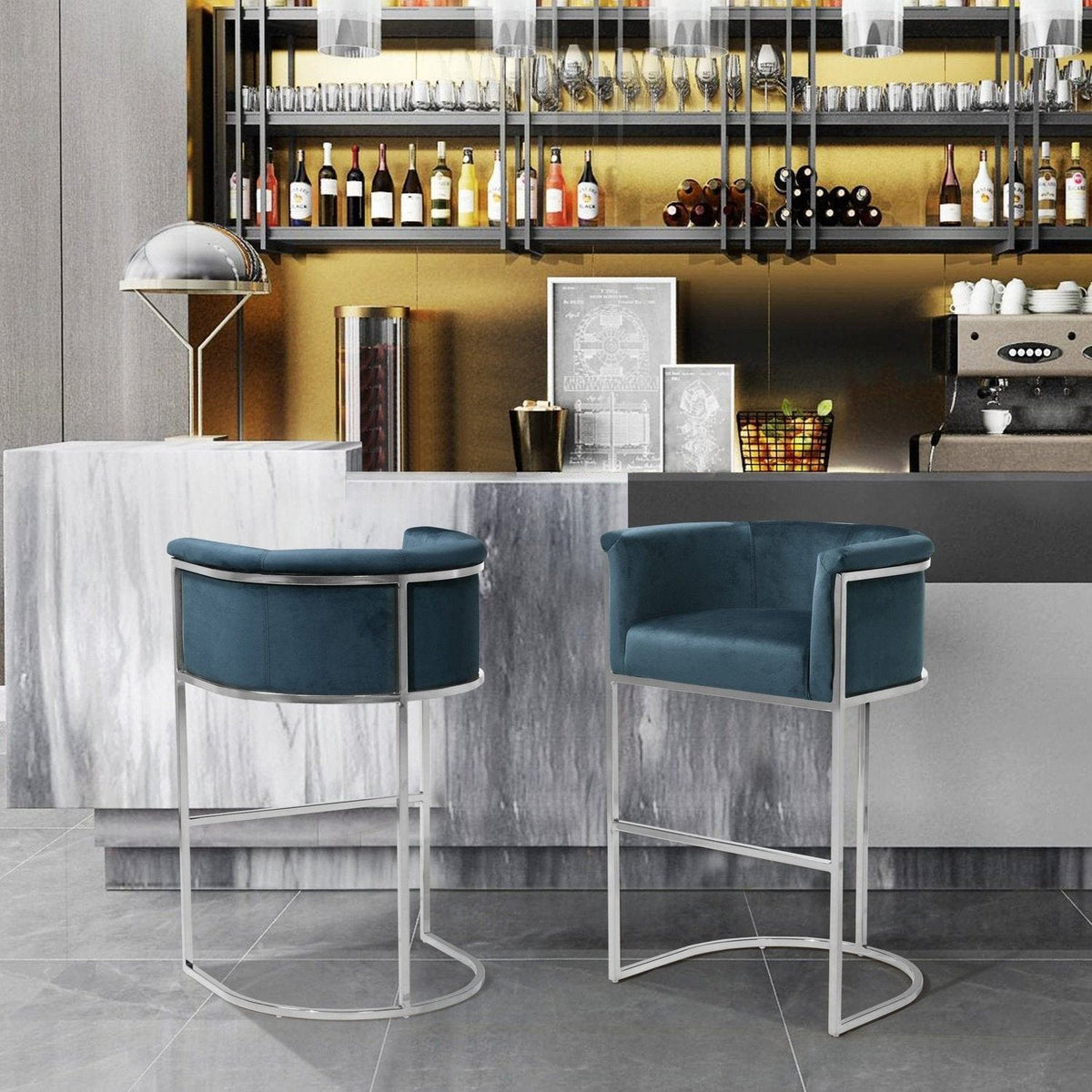 Iconic Home Finley Velvet Bar Stool Chair Chrome Base 