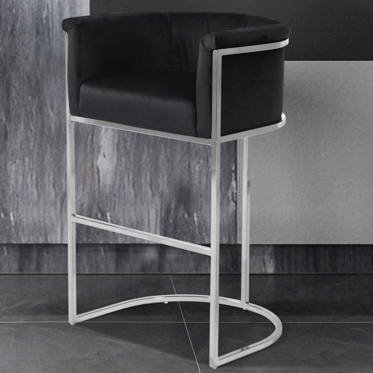 Iconic Home Finley Velvet Bar Stool Chair Chrome Base Black