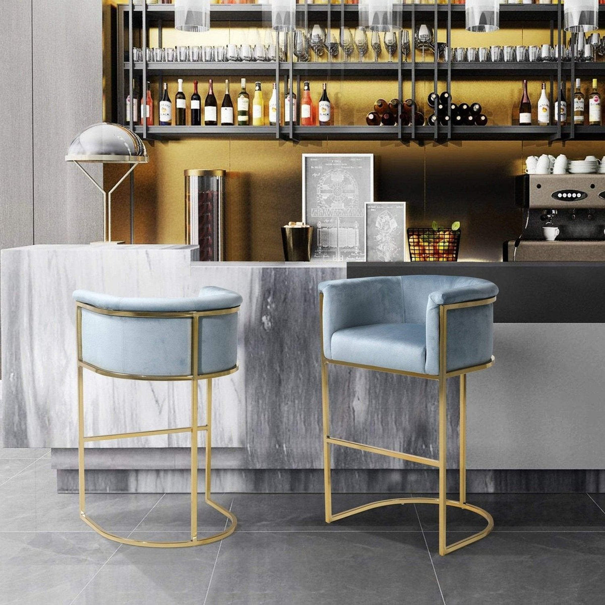 Iconic Home Finley Velvet Bar Stool Chair Gold Base Blue