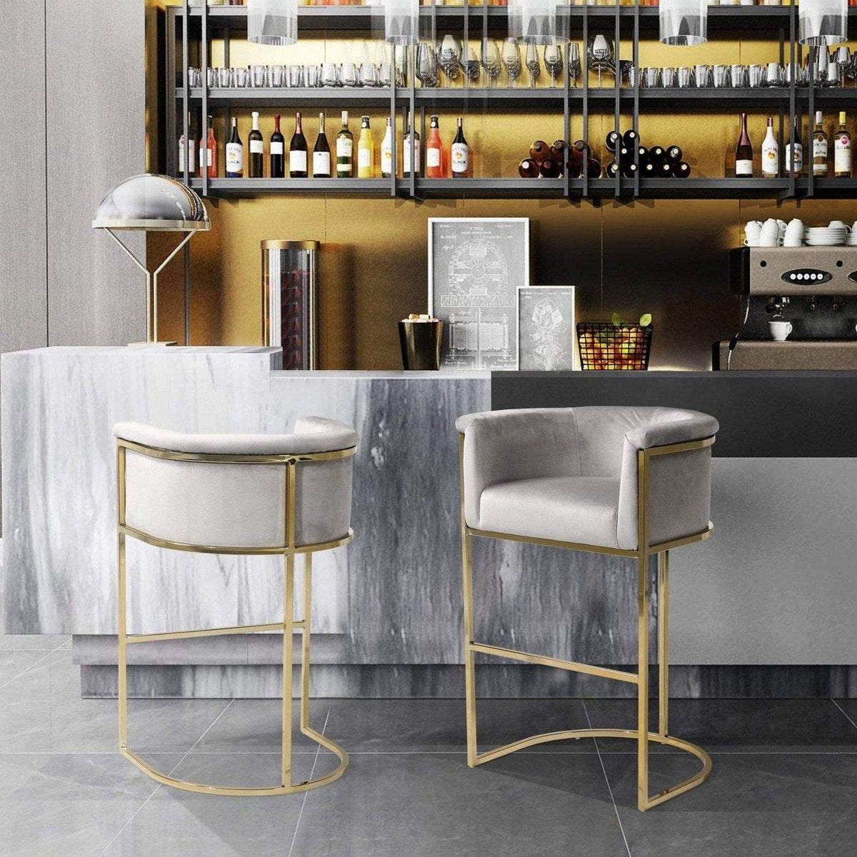 Iconic Home Finley Velvet Bar Stool Chair Gold Base Grey