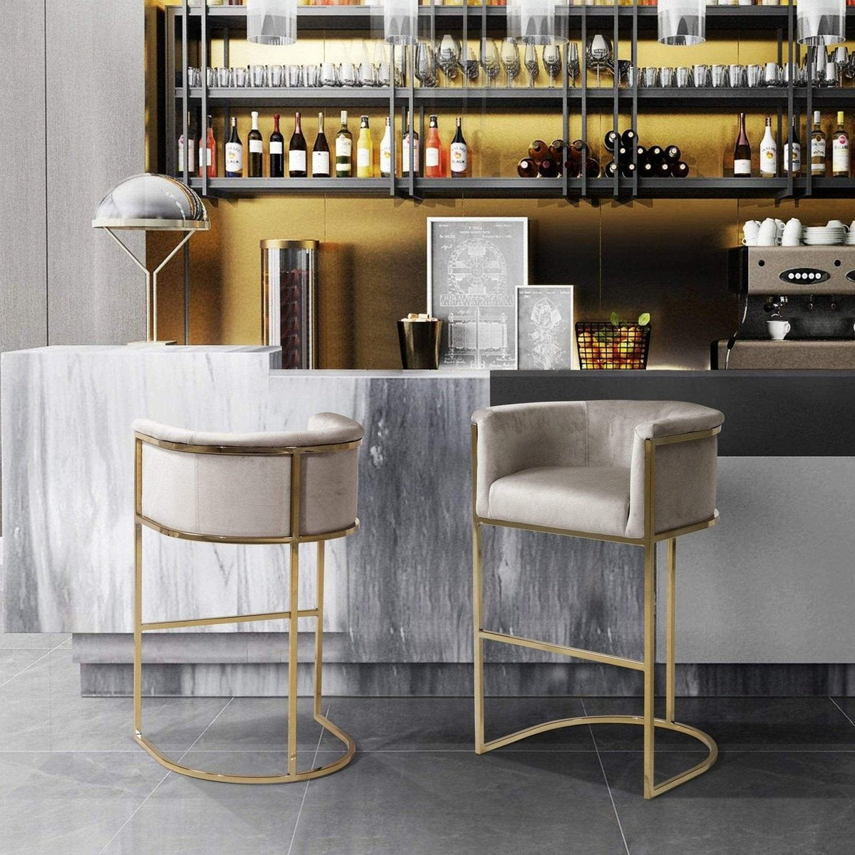 Iconic Home Finley Velvet Bar Stool Chair Gold Base Taupe