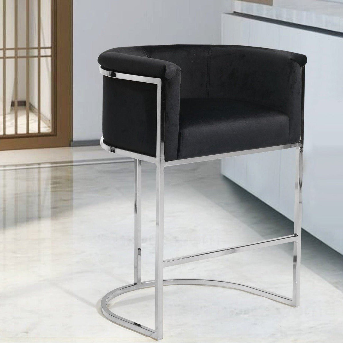 Iconic Home Finley Velvet Counter Stool Chair Chrome Base Black