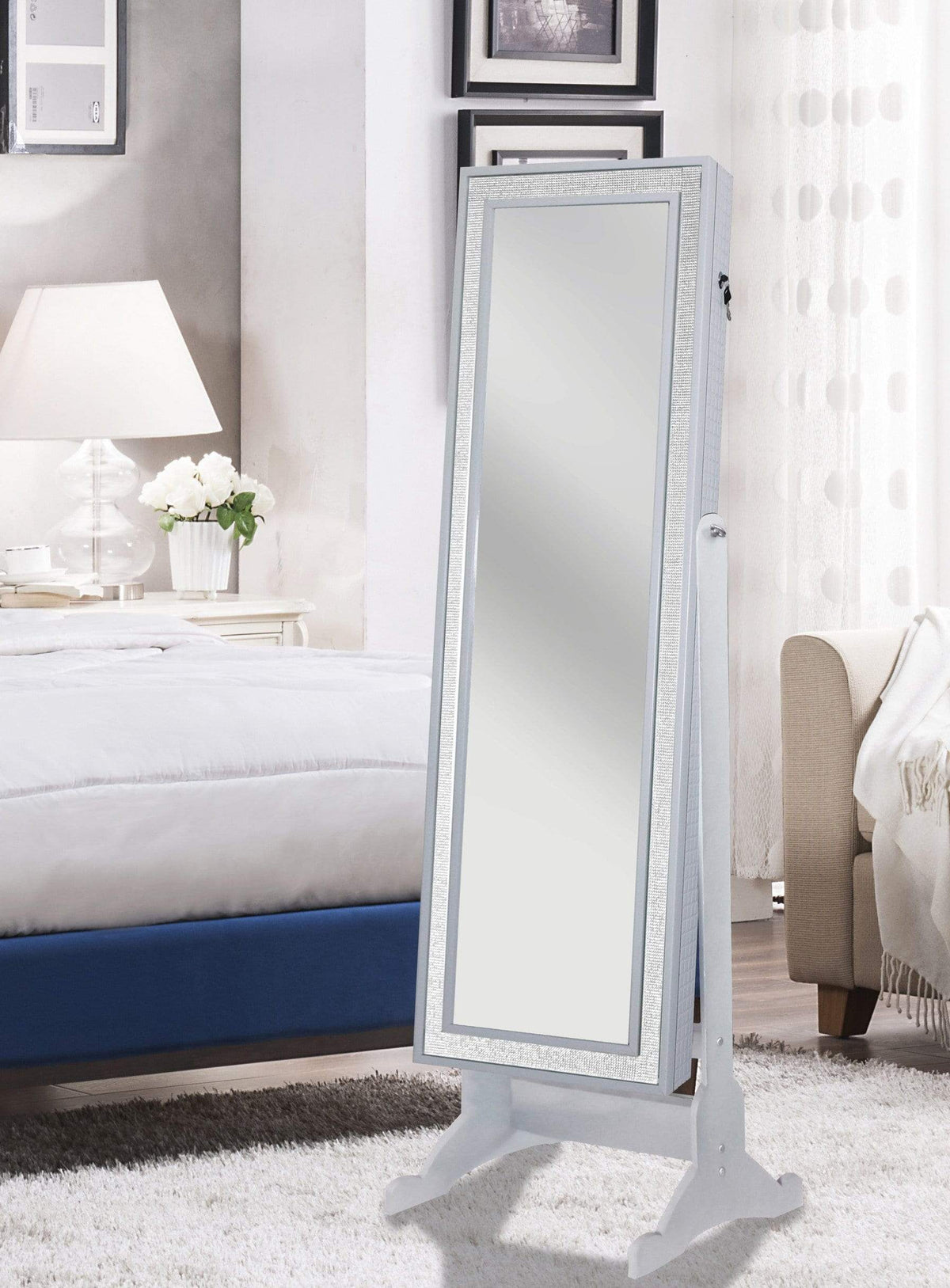 Iconic Home Glitzy Storage Armoire Cheval Mirror White