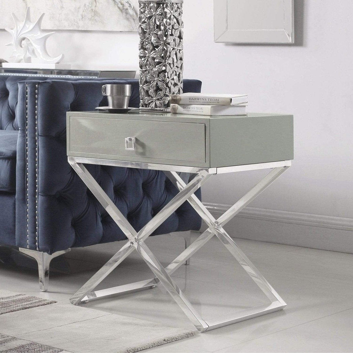 Iconic Home Ithaca X-Frame End Side Table With Self Closing Drawer Grey