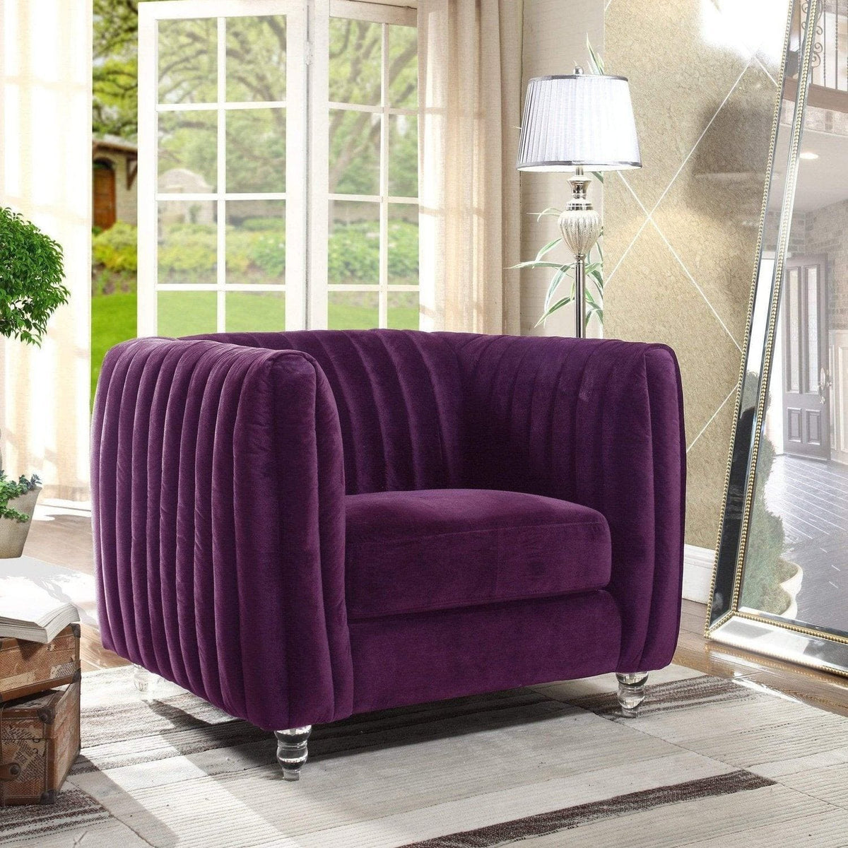 Iconic Home Kent Channel Quilted Velvet Club Chair Purple