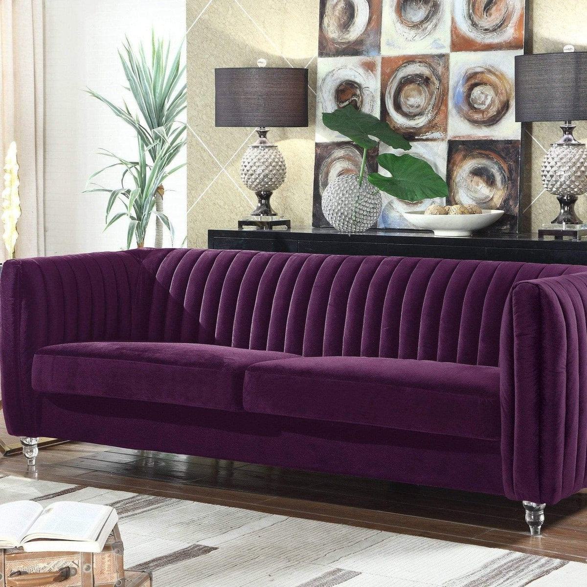 Iconic Home Kent Channel Quilted Velvet Sofa Purple