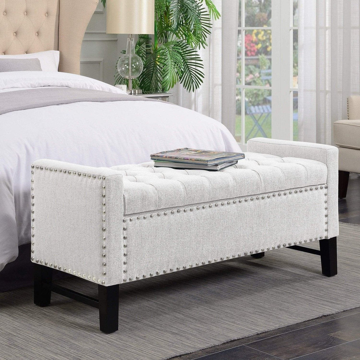 Iconic Home Lance Tufted Linen Storage Bench Cream