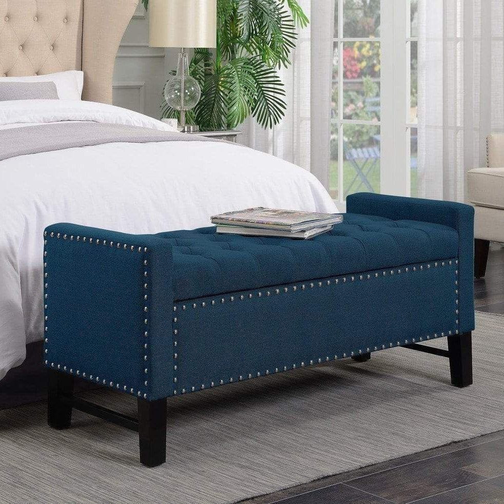 Iconic Home Lance Tufted Linen Storage Bench Teal