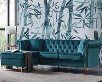 Iconic Home Levin Left Facing Tufted Velvet Sectional Sofa Blue