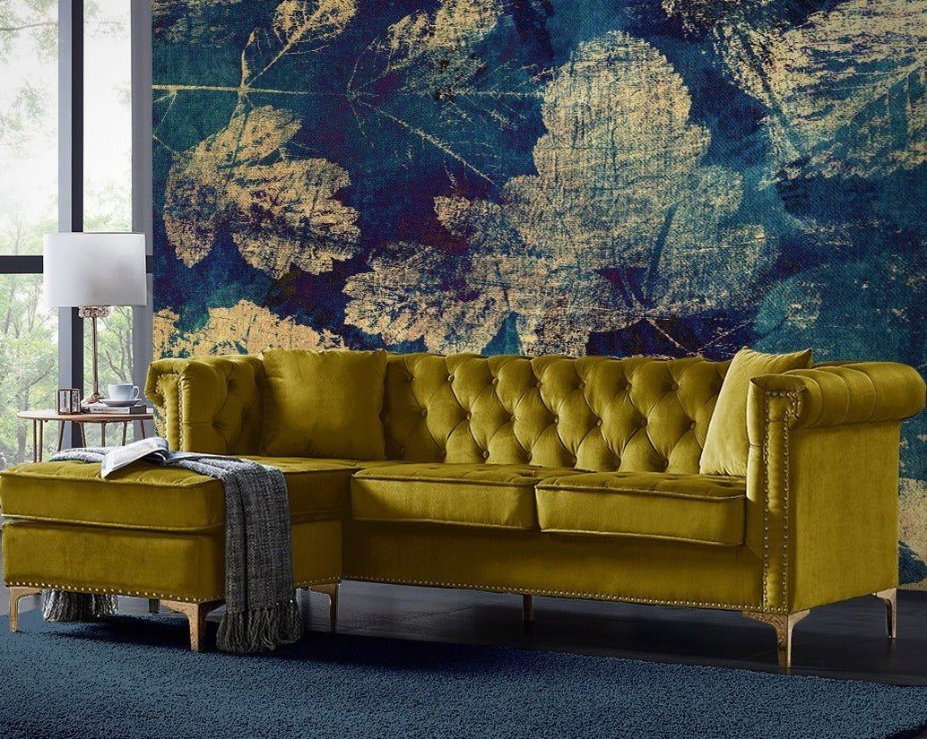 Iconic Home Levin Left Facing Tufted Velvet Sectional Sofa Gold