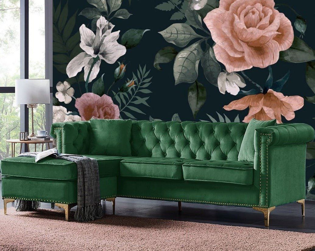 Iconic Home Levin Left Facing Tufted Velvet Sectional Sofa Green
