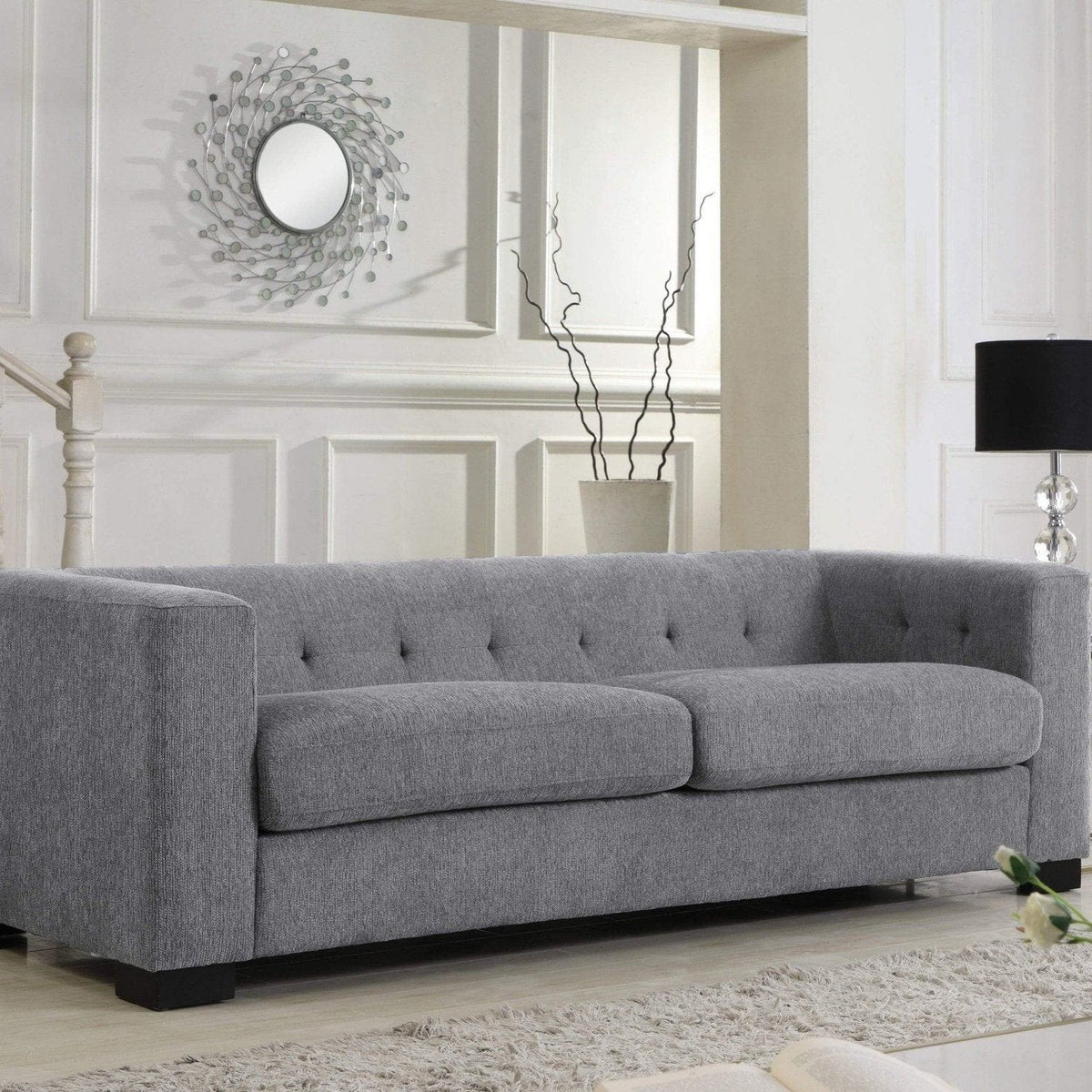 Iconic Home Limoges Plush Chenille Upholstered Sofa Grey