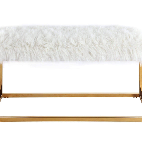 Iconic Home Marilyn Faux Fur Ottoman Bench Gold Metal Frame 