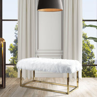 Iconic Home Marilyn Faux Fur Ottoman Bench Gold Metal Frame White