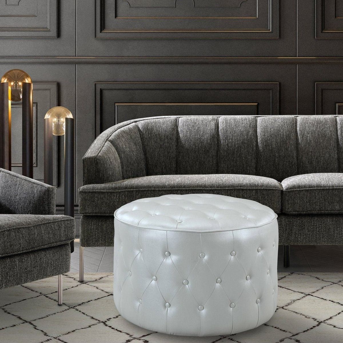Iconic Home Marley Tufted Faux Leather Round Ottoman Pouf Beige