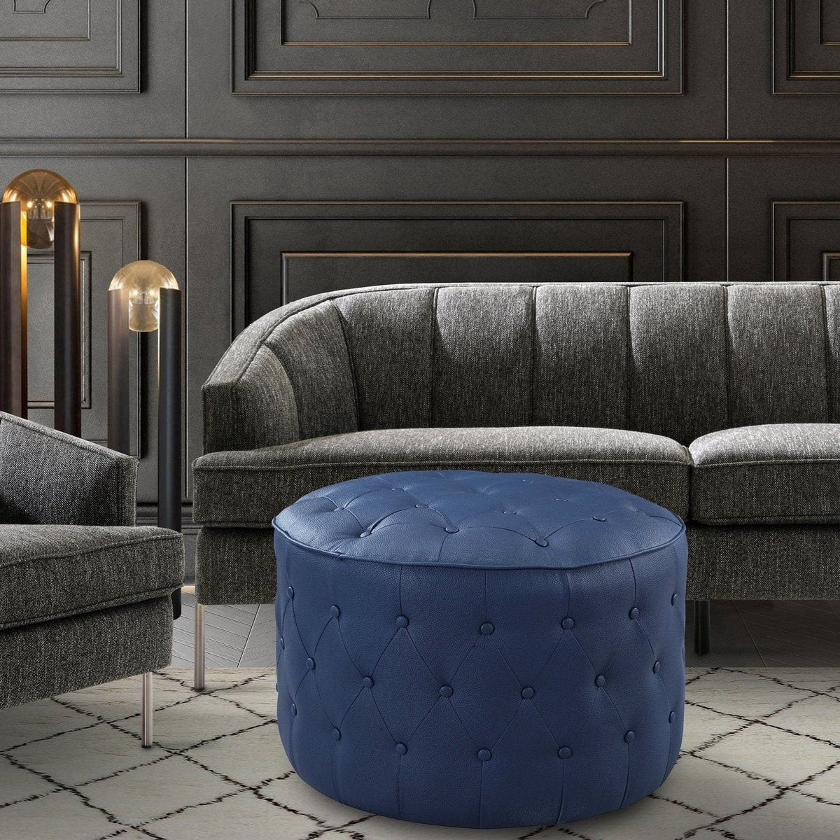 Iconic Home Marley Tufted Faux Leather Round Ottoman Pouf Blue