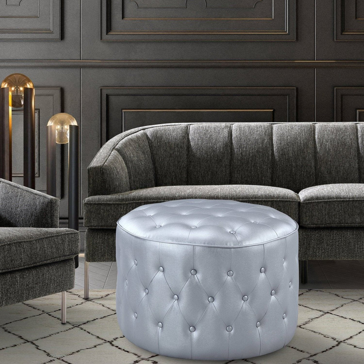 Iconic Home Marley Tufted Faux Leather Round Ottoman Pouf Silver