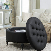Iconic Home Mona Tufted Faux Leather Round Storage Ottoman 