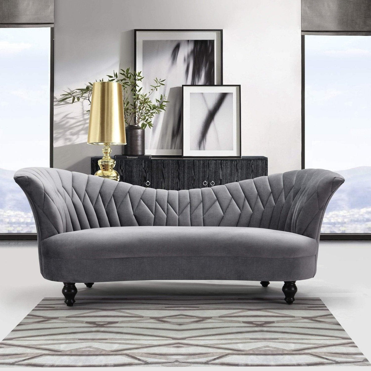 Iconic Home Mont Blanc Kidney Shaped Velvet Sofa Grey