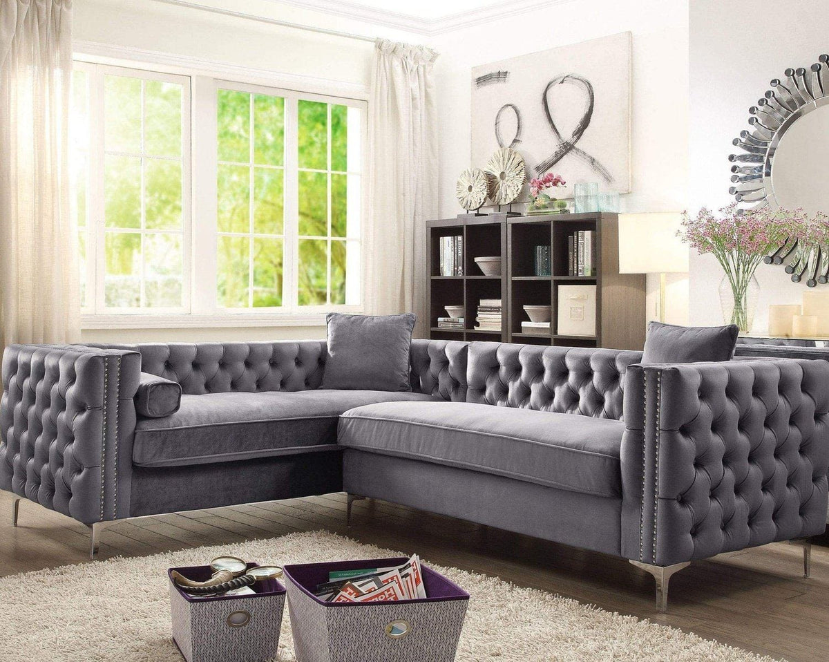 Iconic Home Mozart Left Facing Tufted Velvet Sectional Sofa Grey