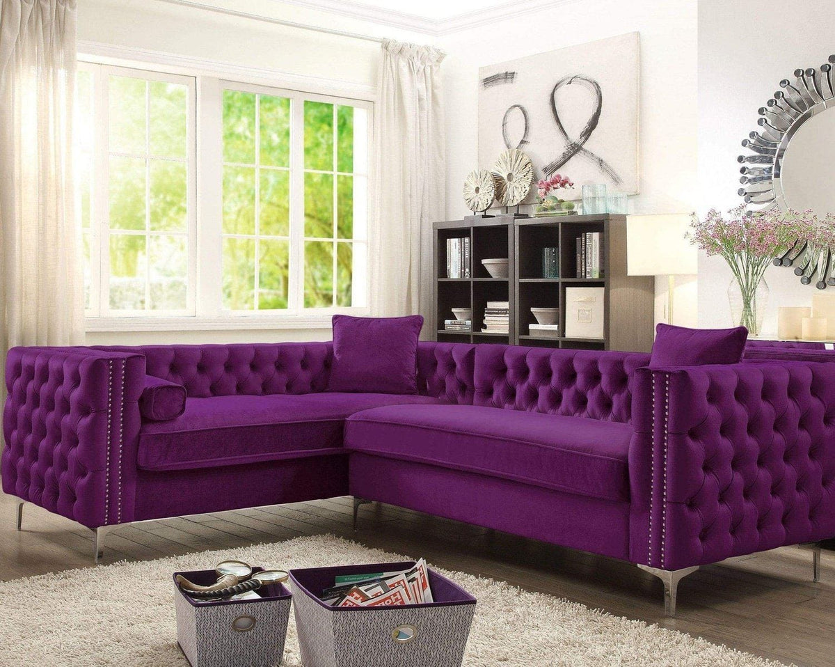 Iconic Home Mozart Left Facing Tufted Velvet Sectional Sofa Plum