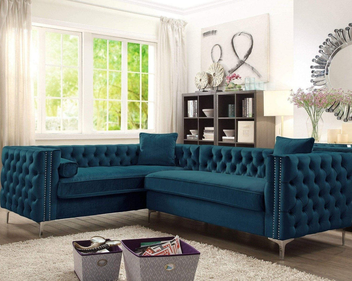 Iconic Home Mozart Left Facing Tufted Velvet Sectional Sofa Teal