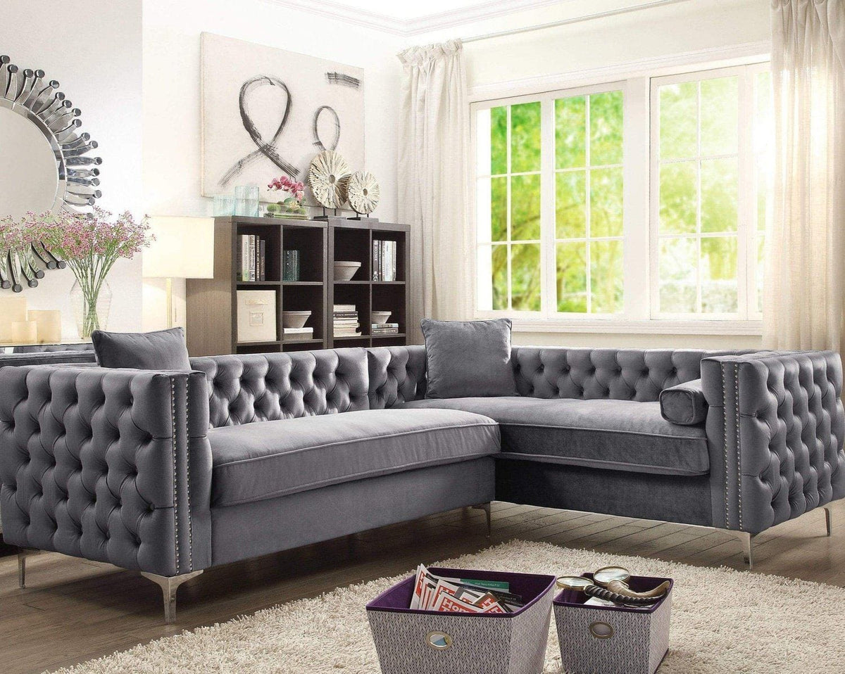 Iconic Home Mozart Right Facing Tufted Velvet Sectional Sofa Grey