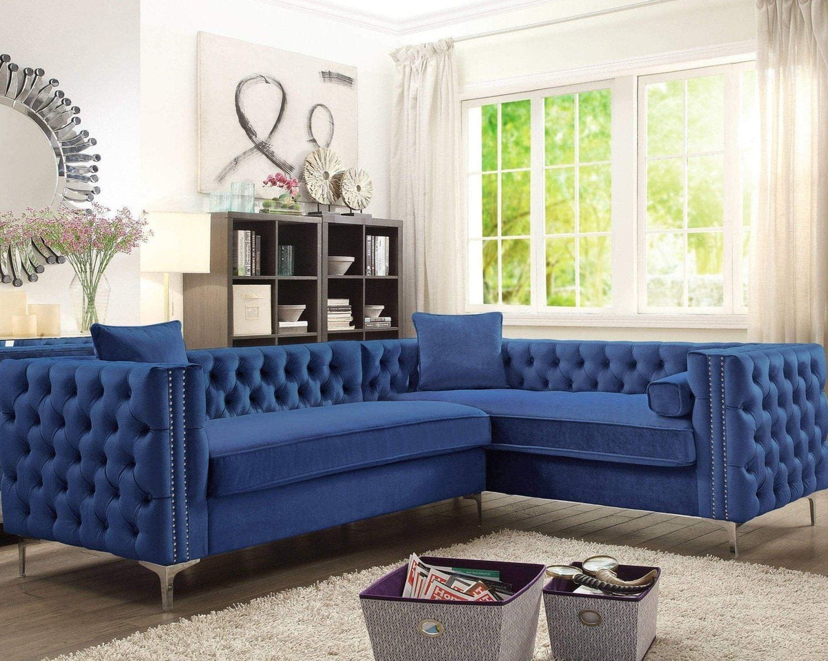 Iconic Home Mozart Right Facing Tufted Velvet Sectional Sofa Navy