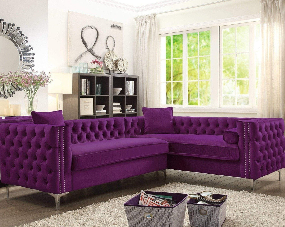 Iconic Home Mozart Right Facing Tufted Velvet Sectional Sofa Plum