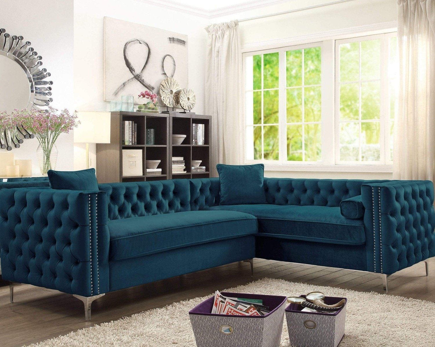 Iconic Home Mozart Right Facing L Shaped Tufted Velvet Sectional