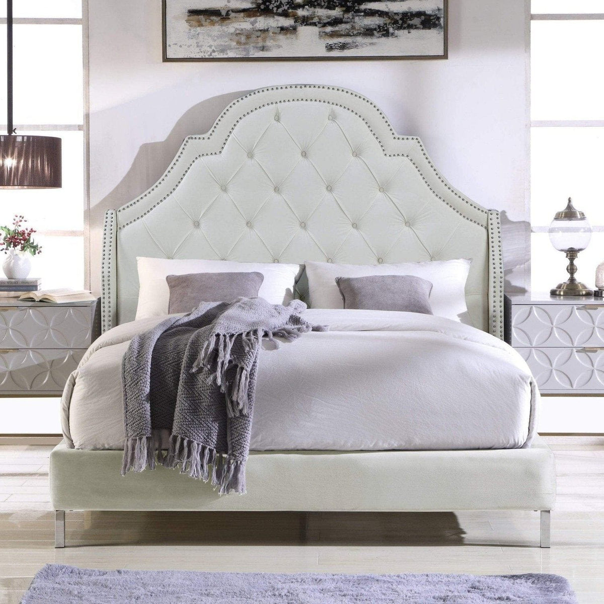 Iconic Home Napoleon Tufted Velvet Bed Frame with Wingback Headboard Cream