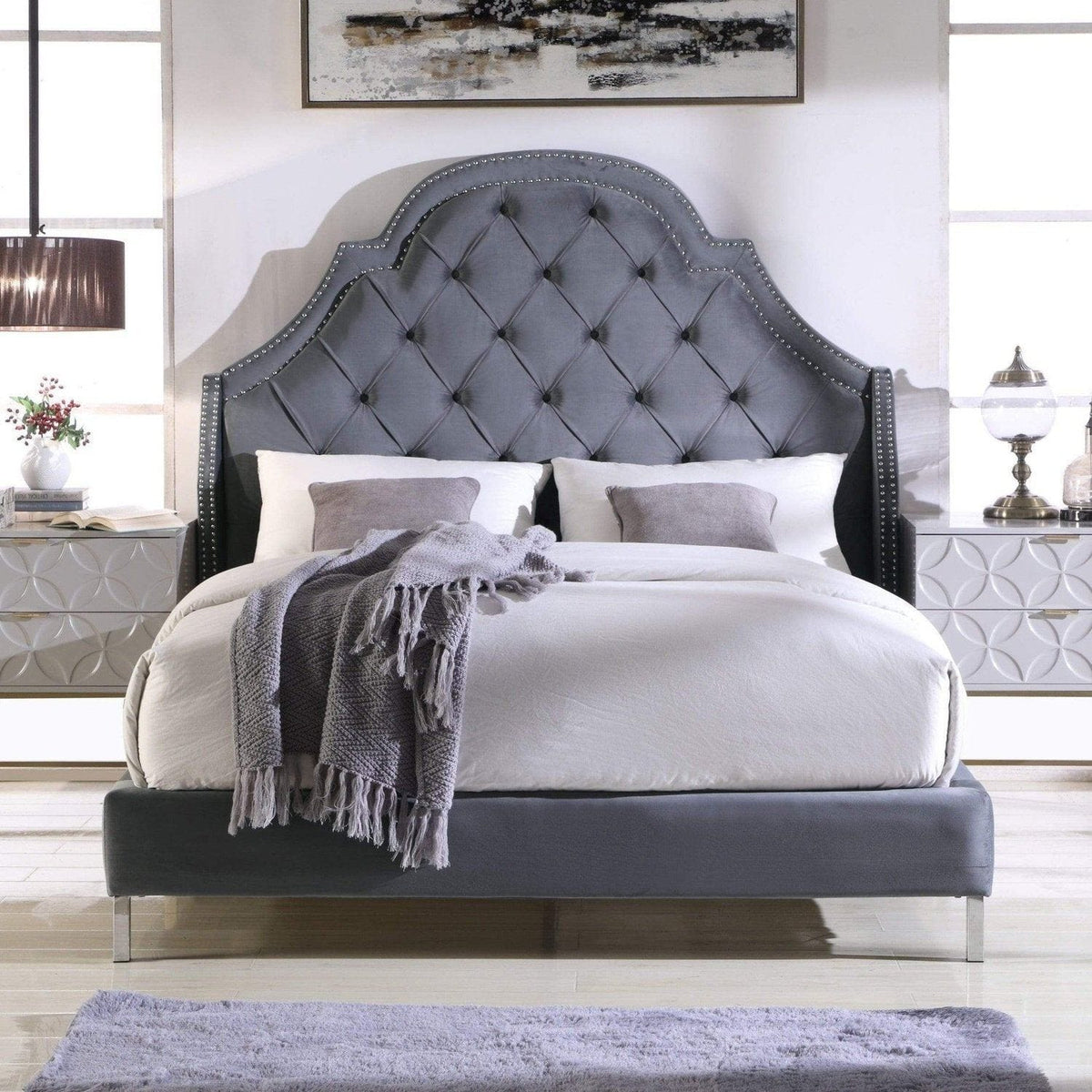 Iconic Home Napoleon Tufted Velvet Bed Frame with Wingback Headboard Grey