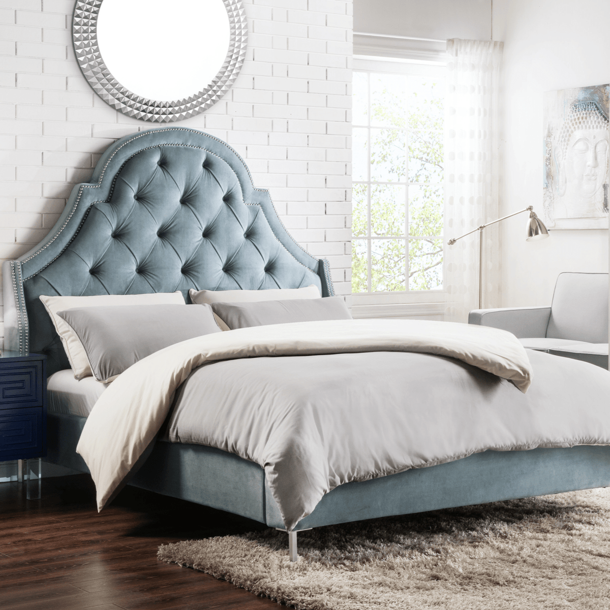 Iconic Home Napoleon Tufted Velvet Bed Frame with Wingback Headboard Slate Blue