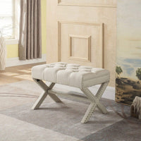 Iconic Home Paige Tufted Linen Ottoman Bench X-Frame Beige