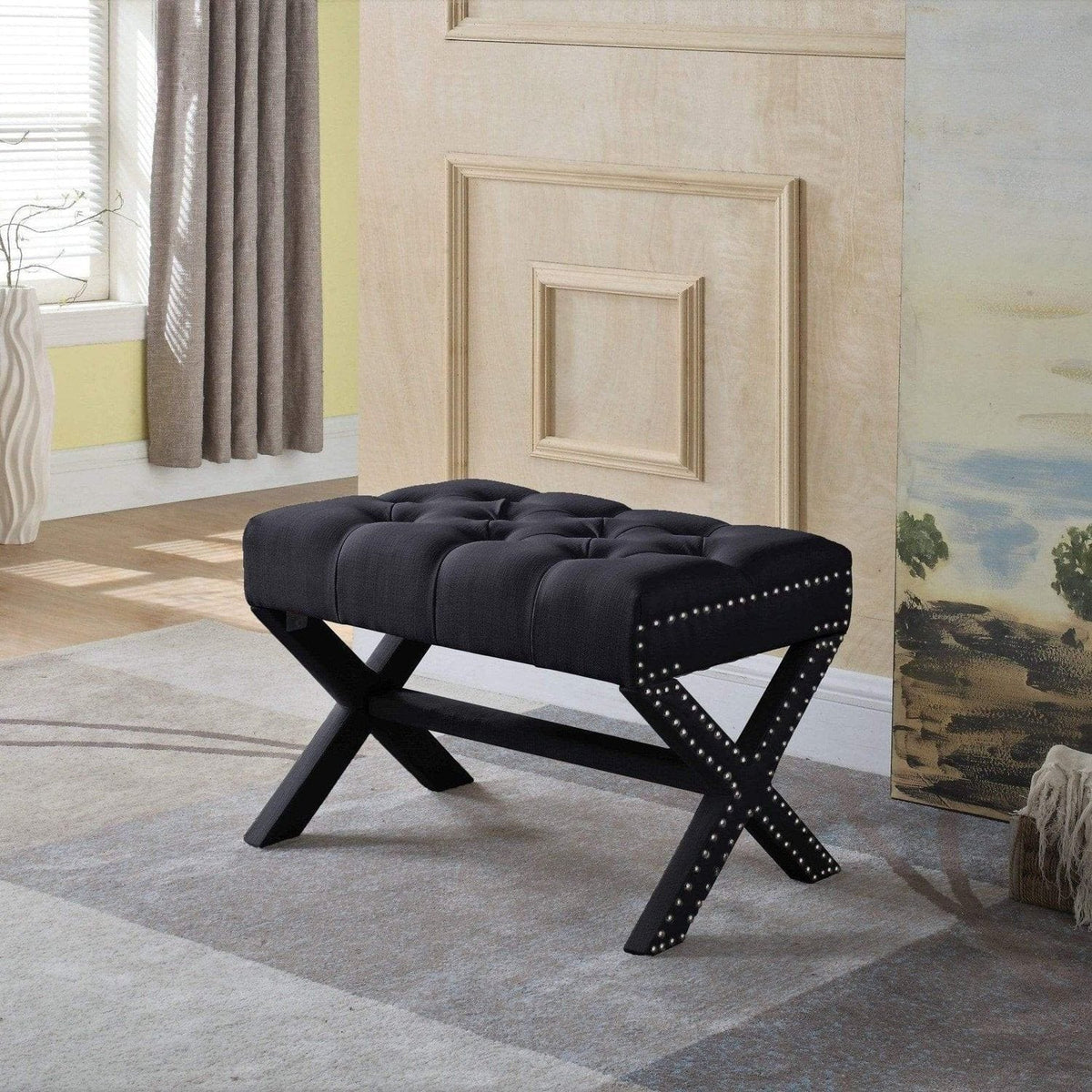 Iconic Home Paige Tufted Linen Ottoman Bench X-Frame Black