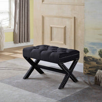 Iconic Home Paige Tufted Linen Ottoman Bench X-Frame Black