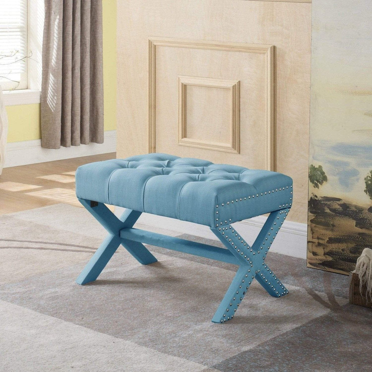 Iconic Home Paige Tufted Linen Ottoman Bench X-Frame Blue