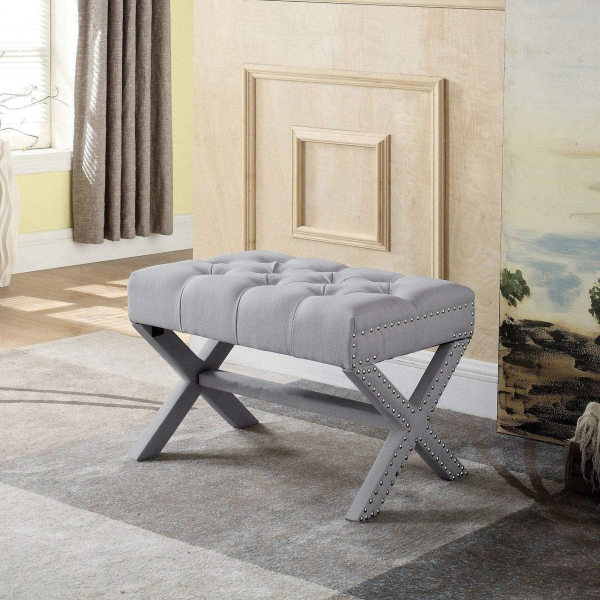 Iconic Home Paige Tufted Linen Ottoman Bench X-Frame Grey